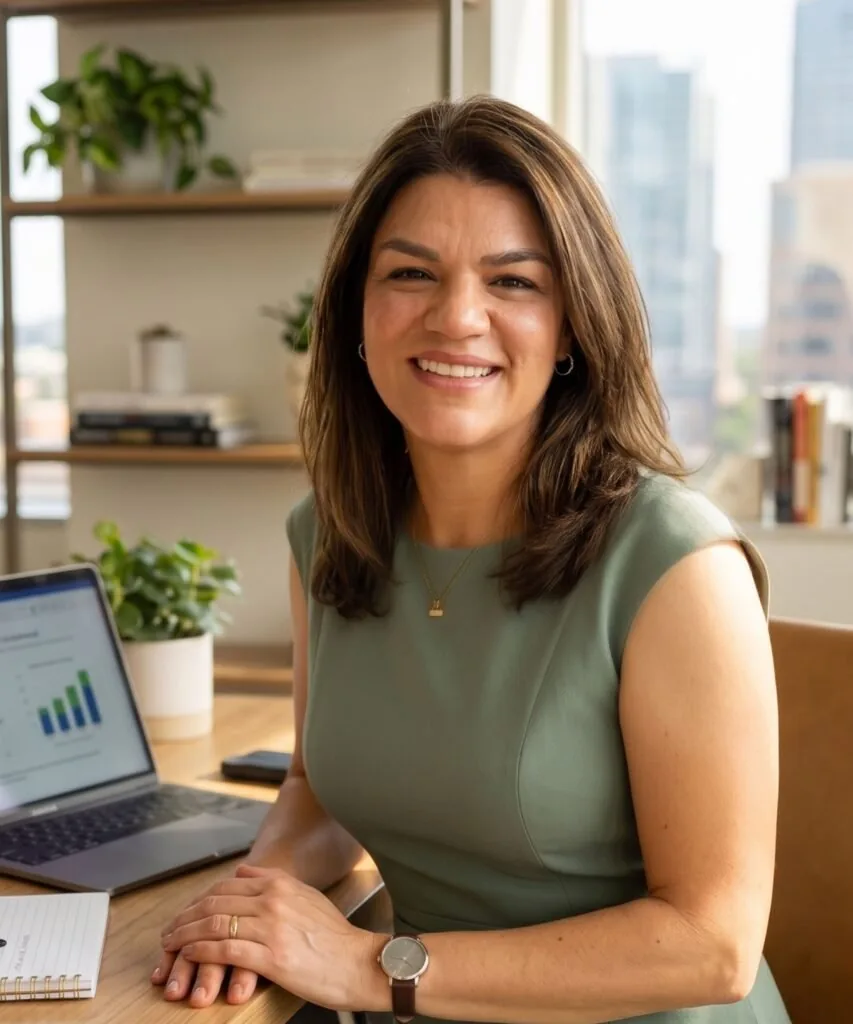 Adriana Sánchez Edmond, CPA, smiling at her desk.