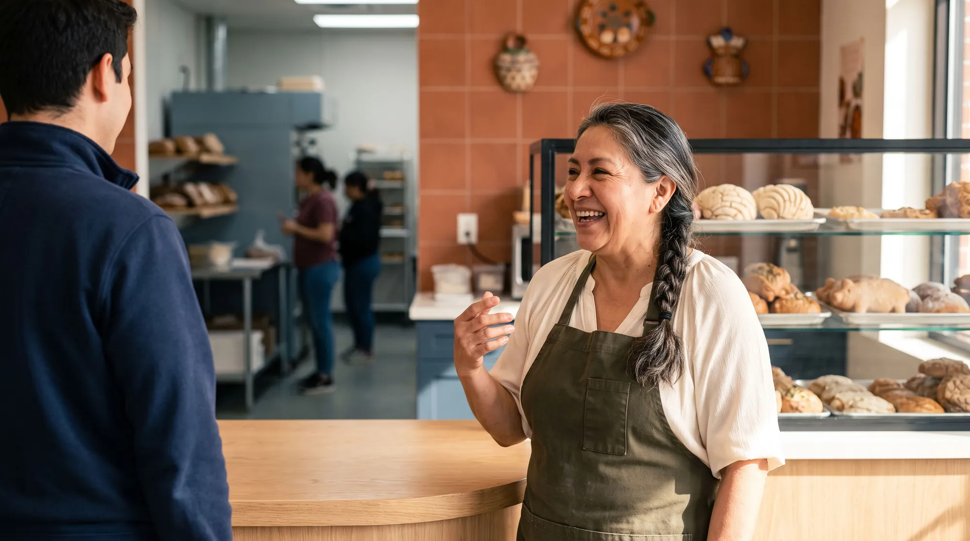 A bakery owner laughs with a visitor across her counter, a case of pan dulce behind her.